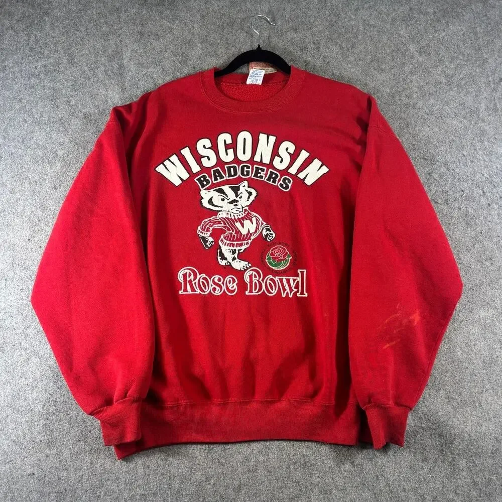 VINTAGE 90s Wisconsin Badgers Sweatshirt Mens XL Red Rose Bowl Crewneck Fleece - Picture 1 of 8